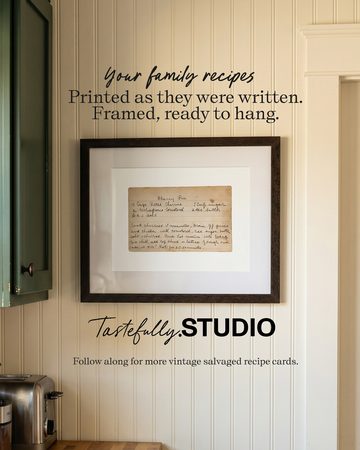 A framed family recipe hanging on a kitchen wall